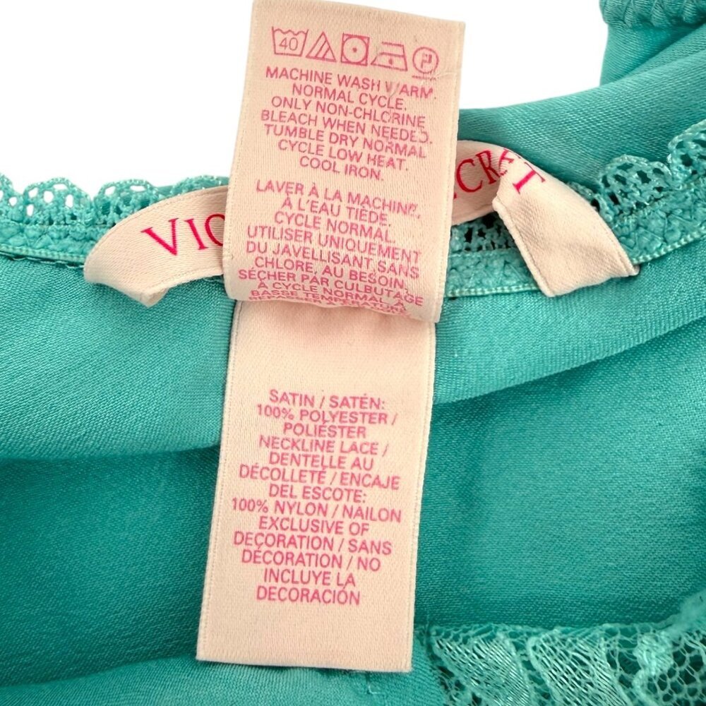 Vintage Y2K Victorias Secret Turquoise Blue Lace Trim Slip Dress Satin Nightgown - Picture 8 of 11